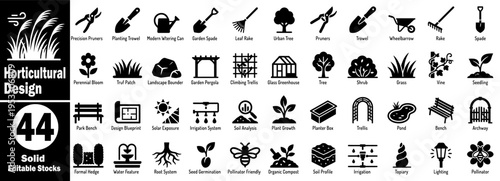 Horticultural Design solid gardening and landscape design icon set. showcasing botanical growth stages irrigation equipment and outdoor furniture silhouettes vector illustration.