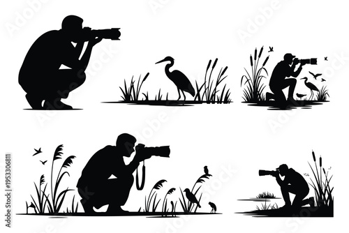 Silhouettes of photographers taking of birds in wetlands