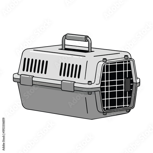 Gray pet carrier with handle and ventilation slots, on white background