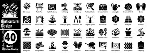 Solid horticultural design silhouette icon pack. Featuring landscape planning, site analysis, environmental maintenance, and professional gardening tools vector illustration.
