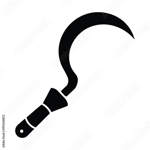 Black and white illustration of a traditional scythe with curved blade and wooden handle isolated on white background, Vector, illustration