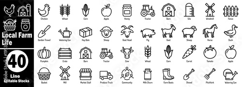 Agricultural outline vector icons. Collection of local farming featuring harvest items, tractor machinery, barn silos, and diverse rural produce for farm branding vector illustration.