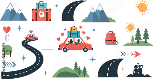 Road Trip Travel Collection with Cars Mountains Routes and Nature Elements Adventure Journey Vector Illustration Set