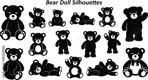 Set of cute teddy bear doll silhouettes with various poses including sitting waving and lying isolated on white background for kids