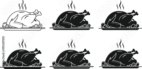 Roasted chicken turkey icons set with hot meal on plate silhouette collection vector illustration for restaurant menu design