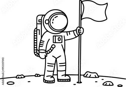 Minimalist cartoon astronaut standing on moon surface holding flag black and white line art space exploration illustration