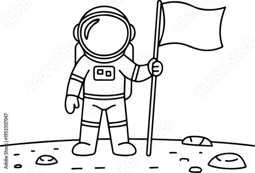 Minimalist cartoon astronaut standing on moon surface holding flag black and white line art space exploration illustration