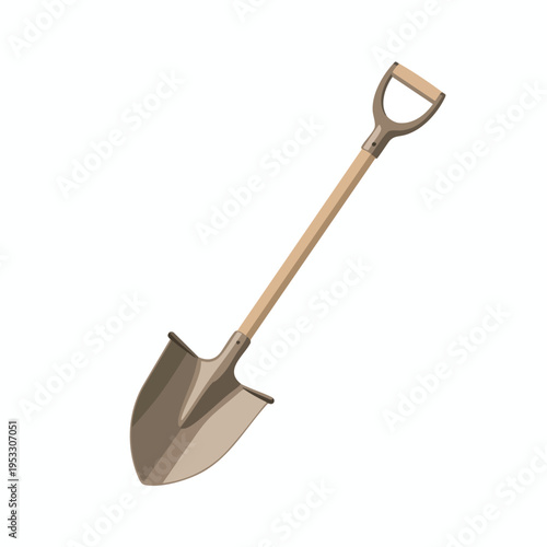 A garden shovel with a D-shaped handle and metal scoop on a white background