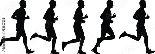 Set of male runner silhouettes in various running poses and sprinting motions isolated on white background for sports fitness design
