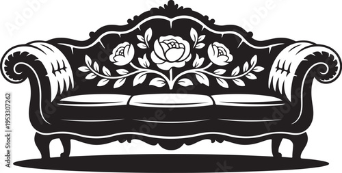 Black and white floral sofa with curved arms and legs