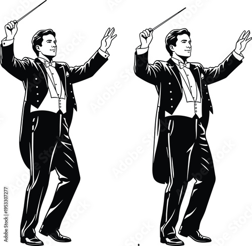 Vintage style vector illustration of an orchestra conductor in a tuxedo with a baton, directing a classical music performance.

All Keywords (One Line):