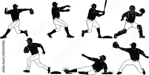 Baseball Silhouette Action: Dynamic silhouettes capture the essence of baseball, showcasing various action poses that define the sport. From pitching to batting and fielding.