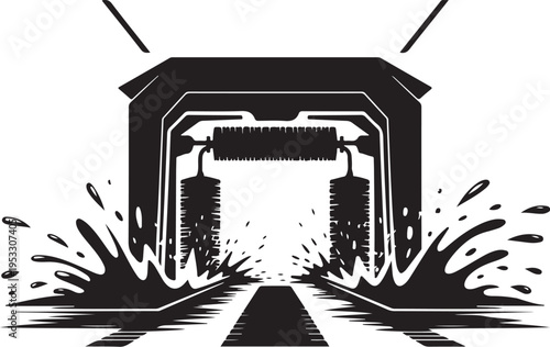Black and white car wash tunnel with water splashes