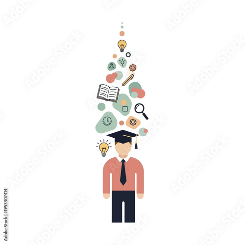 Graduate Man with Education Icons Rising.