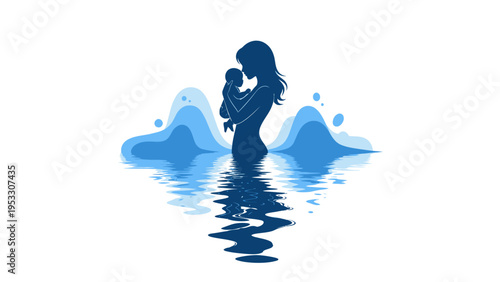 Mother Holding Baby Silhouette Ocean Waves.