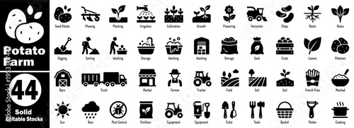 Potato farm solid icon set. Featuring agriculture growth, harvesting, and vegetable processing symbols for organic farming, gardening, and food manufacturing vector illustration.