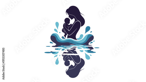 Mother Holding Baby in Water Illustration.