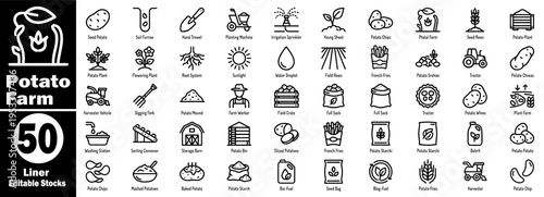 Potato farm liner editable stock icons. Presenting detailed agricultural cultivation, harvesting, storage, and potato food products in a thin line art style vector illustration.