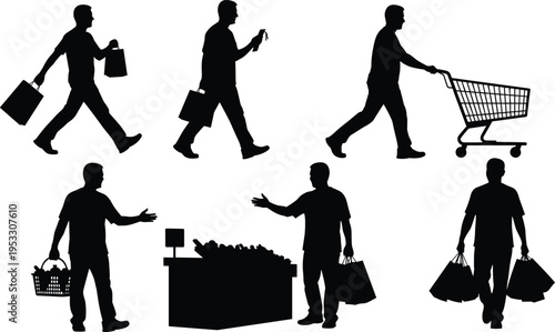 Silhouette shoppers: A collection of silhouette figures in various shopping scenarios, carrying bags, pushing carts, and browsing items. capturing the essence of the modern consumer.