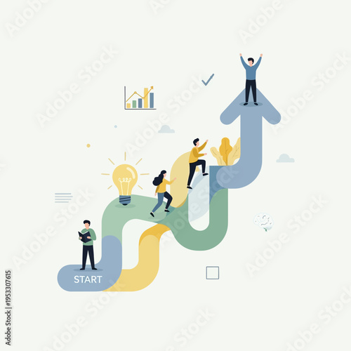 People Climbing Stairs to Success Together.