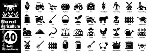 Rural agriculture black solid icons set. Farming and gardening glyph pictograms collection. corn, tractor, plow, hay bale, barn, wheat stalk, water pump vector illustration.