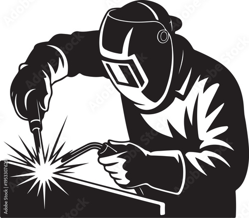 Black and white of a welder wearing a mask and gloves