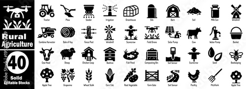 Rural agriculture black solid icons set. Collection of farming and gardening glyph pictograms, and tractor, plow, seeder, irrigation, greenhouse, silo, barn, soil vector illustration.