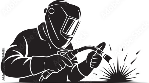 Black and white of a welder wearing a mask and gloves