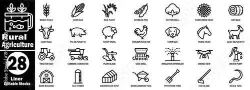 Rural agriculture black linear icons set. Featuring farming and gardening outline pictograms. wheat stalk, corn ear, rice plant, soybean pod, cotton boll vector illustration.