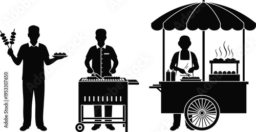 Street food vendors cooking barbecue and serving skewers silhouette set with grill cart kiosk market scene vector illustration design