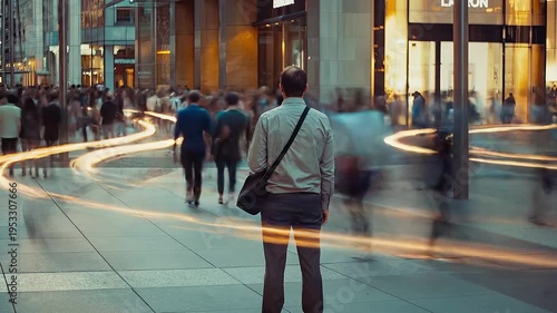 Man standing still in crowded timelapse street concept. Businessman standing still in busy city street with blurred crowd and dynamic light trails in urban environment