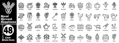 Rural harvest happiness icons set. Featuring of farm animals, tractor scarecrow, fruits, and vegetables for the agriculture and Thanksgiving holiday design vector illustration.
