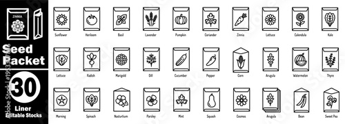 Seed packet liner icons. Displaying various plant varieties, including sunflower, tomato basil, pumpkin, zinnia, lettuce, marigold, cucumber, pepper, and corn, vector illustration.