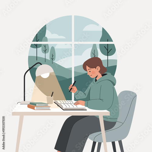 Woman Working on Laptop at Desk.
