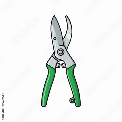 Metallic pruning shears with green handles, designed for gardening and trimming tasks