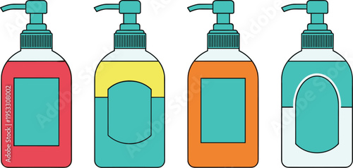 Colorful liquid soap dispenser bottles collection with pump design, hygiene and cleaning products in flat vector illustration style