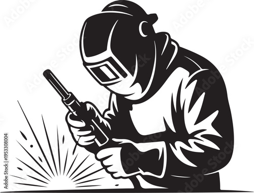 Black and white of a welder wearing a protective mask and gloves