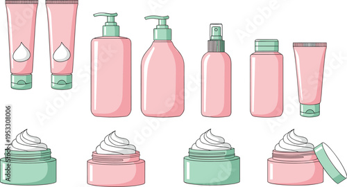 Cosmetic skincare products collection with cream jars tubes and pump bottles, beauty packaging set in soft vector illustration style