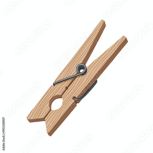 Wooden clothespin with metal spring, detailed wood grain texture, white background