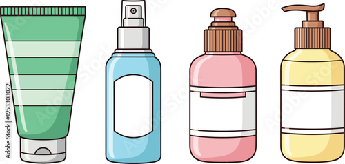 Skincare and cosmetic bottles set with cream tube spray and pump containers, beauty products vector illustration design