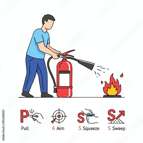 Person using a fire extinguisher with PASS method explained