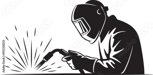 Black and white of a welder wearing a protective mask