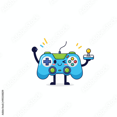 Adorable blue video game controller character with a joystick, winking cheerfully