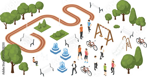 Isometric Fitness Park Set Featuring Running Path, Benches, Fountains, Swings, and Active People