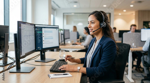 Customer service agent with headset working at dual monitors