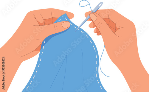 Hands sewing fabric with needle and thread top view illustration tailoring craft textile embroidery handmade clothing design concept