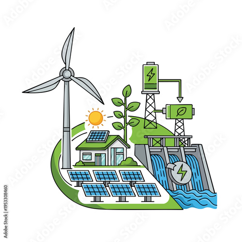 Renewable energy sources including wind, solar, and hydro power integrated with a home