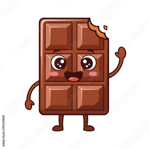 Happy, smiling chocolate bar character with a bite taken out, waving