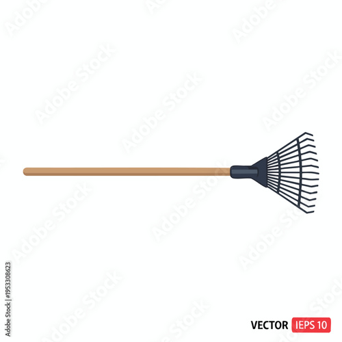 A gardening rake with a wooden handle and a black fan-shaped head