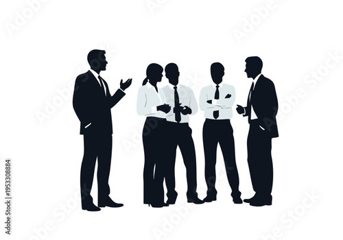 Silhouette of a diverse group of business professionals engaged in a discussion in a professional setting